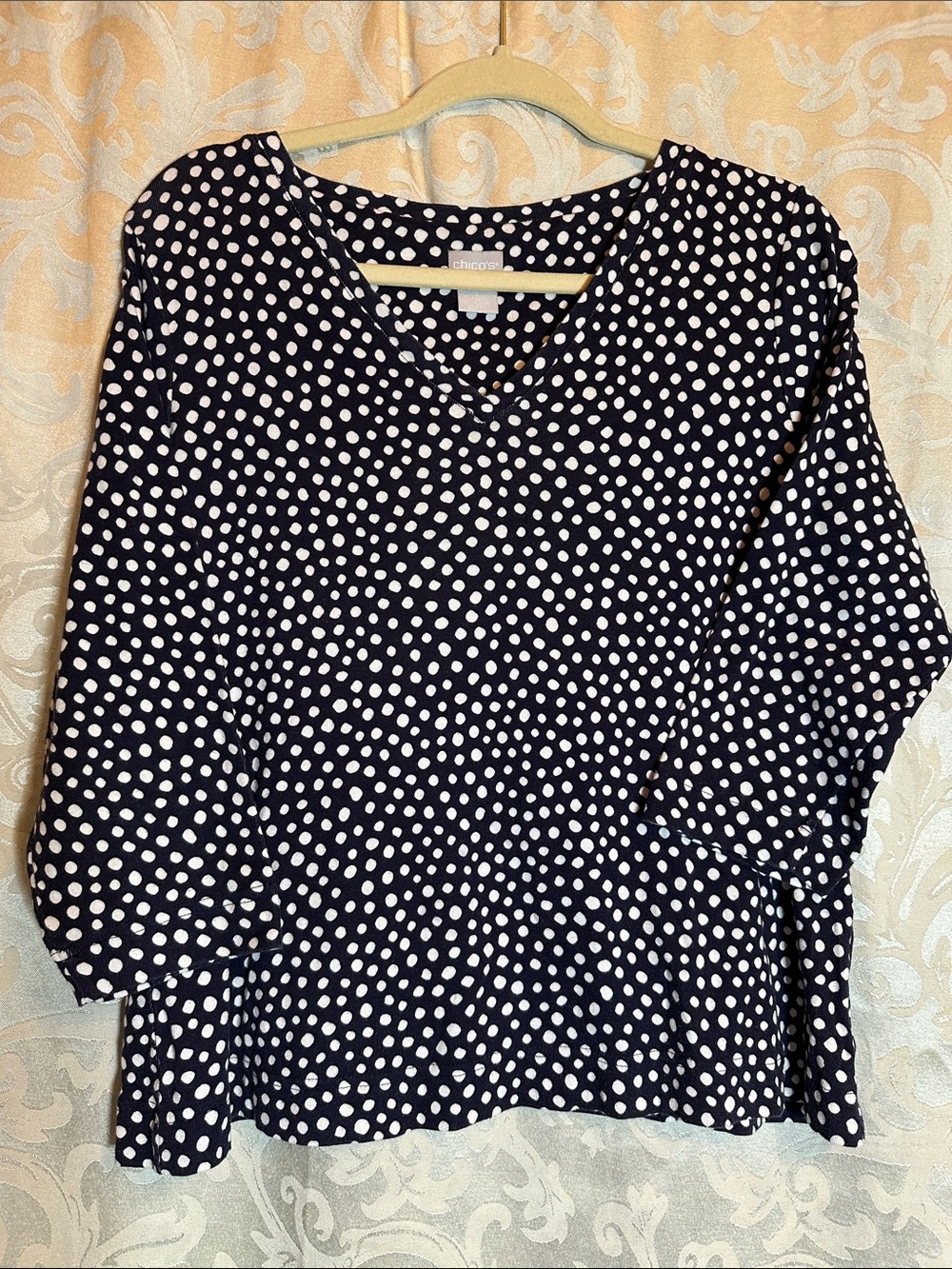 Chico's Navy Blue & White Polka Dot V-Neck Blouse